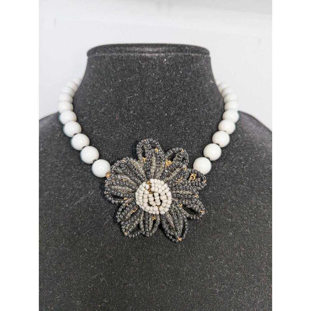 Miriam Haskell White & Black Bead Large Statement Acrylic Flower Necklace 17"